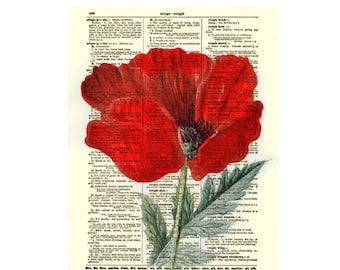 Striking Red Poppy Printed On A 125+ Year Old Antique Dictionary Page, Memorial Gift, Botanical Wall Art, Sustainable Gift, Red Flower Print