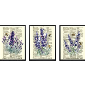 Lavender & Bees Printed On Antique 125+ Year Old Dictionary Pages, Unique Summer Decor, Gift For Mom, Gemini, Purple and Green Watercolors