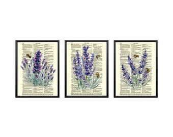 Lavender & Bees Printed On Antique 125+ Year Old Dictionary Pages, Unique Summer Decor, Gift For Mom, Gemini, Purple and Green Watercolors