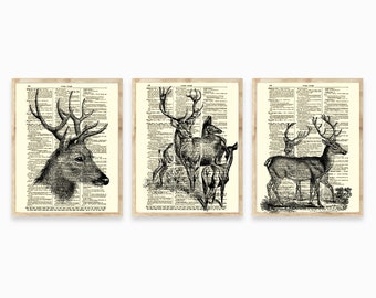 Deer Art Printed On Antique Dictionary Pages, Light Academia Art For Cabin, Country Cottage, Or Farmhouse, Gift For Him, Cottagecore