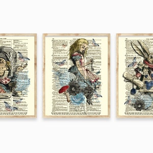 Alice In Wonderland In Pink & Blue Printed On 125 Year Old Dictionary Pages, Mad Hatter, White Rabbit, Cottagecore Aesthetic, Dark Academia