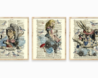 Alice In Wonderland In Pink & Blue Printed On 125 Year Old Dictionary Pages, Mad Hatter, White Rabbit, Cottagecore Aesthetic, Dark Academia