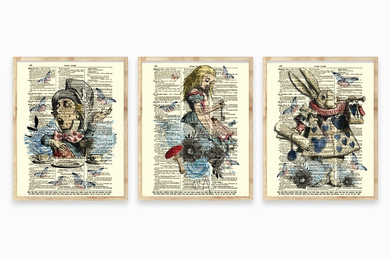 Alice In Wonderland In Pink And Blue Printed On Upcycled 1897 Dictionary Pages Printed, The Mad Hatter, White Rabbit, Cottagecore Aesthetic 