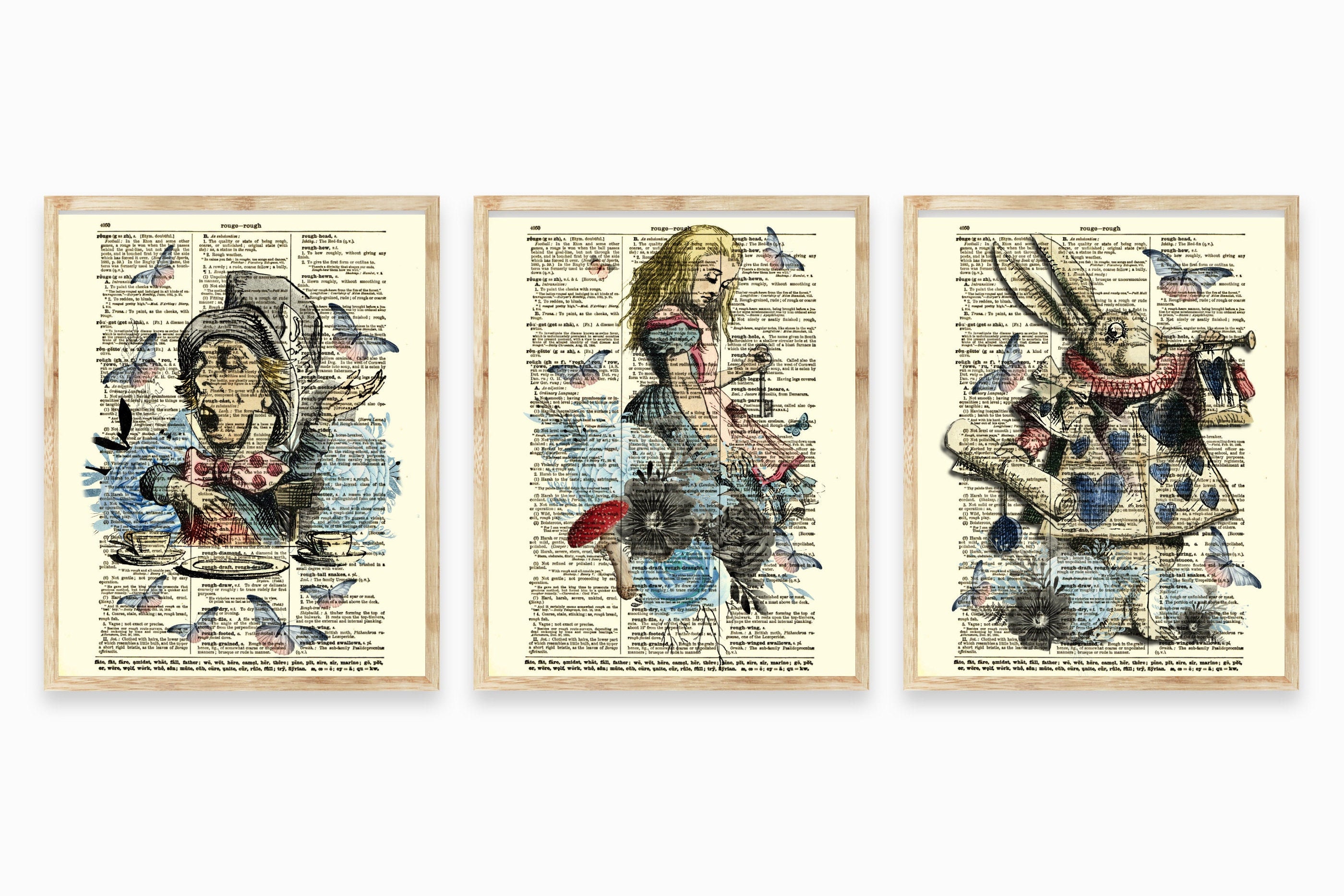 Alice In Wonderland In Pink & Blue Printed On 125 Year Old Dictionary Pages, Mad Hatter, White Rabbit, Cottagecore Aesthetic, Dark Academia