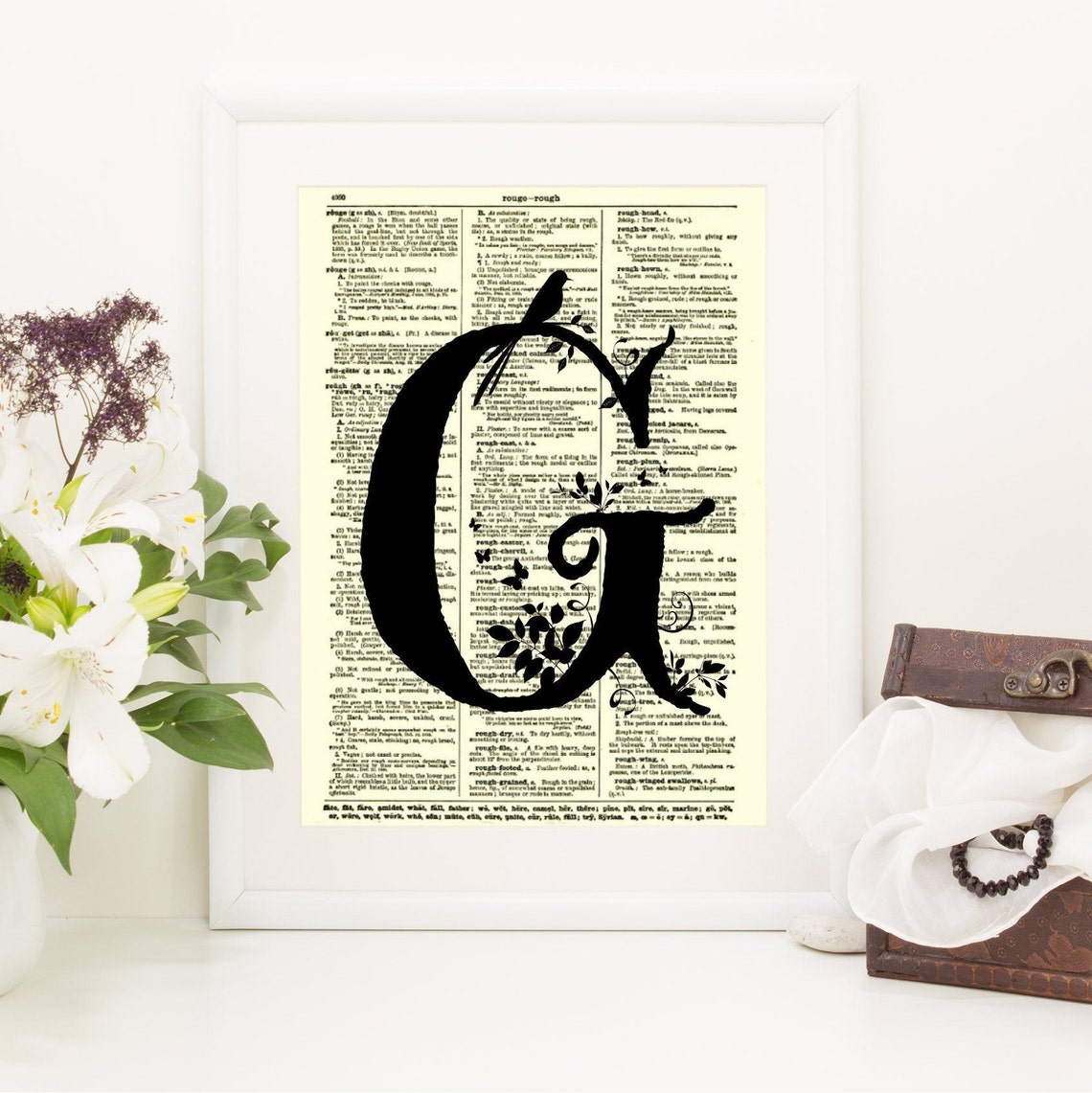 Letter G Modern Monogram on an 1897 Dictionary Page Art Print, Monogram ...