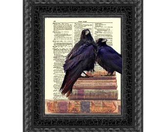 Ravens & Books Printed On An Antique 125+ Year Old Dictionary Page, Victorian Macabre Print, Gothic Home Decor, Dark Academia, Halloween Art