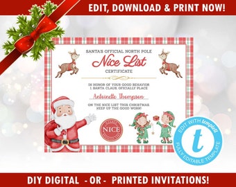 DIY Editable Santa Nice List Certificate - Easy - Santa Letter - North Pole Letter, Certificate, Editable Template, Templett [id:17320762]