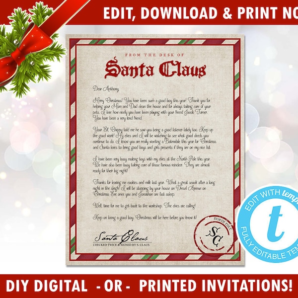 DIY Editable Letter From Santa - Easy - Santa Letter - North Pole Letter, Editable Template, Templett [id:123711]