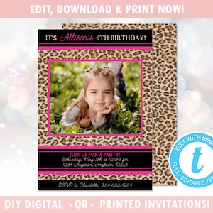 Pink Leopard / Cheetah Birthday Party Invitation with Photo (Digital - DIY) Instant Download, Editable Template, Templett [id:344689]