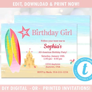 American Doll Girl Birthday Party Invitation (Digital - DIY) Instant Download, Surfer, Surfing, Editable Template, Templett [id:3297099]