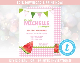 Watermelon Birthday Party Invitation (Digital - DIY) Instant Download, Editable Template, Templett [id:14148271]