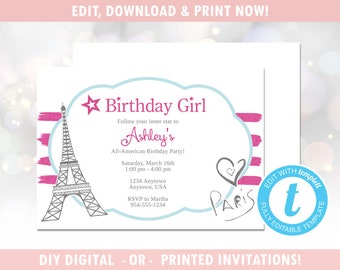 Star Birthday Party Invitation (Digital - DIY) Instant Download, Paris, Editable Template, Templett [id:15814359]