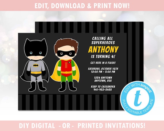 batman and robin inspired super hero birthday party invitation etsy