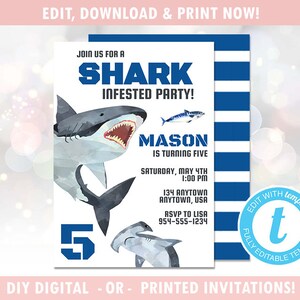 May include: A blue and white striped background with a white card featuring a watercolor illustration of a shark and a hammerhead shark. The text on the card reads "Join us for a Shark Infested Party! Mason is turning five. Saturday, May 4th 1:00 PM 134 Anytown Anytown, USA RSVP to Lisa 954-555-1234". The number "5" is in blue and white on the card. The card is surrounded by a blue circle with the text "Edit with Templett Fully Editable Template" in white.