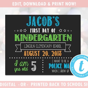 First Day of School Sign - First Day of School Chalkboard - 1st Day of School Sign - Instant Download, Editable Template [id:324212]