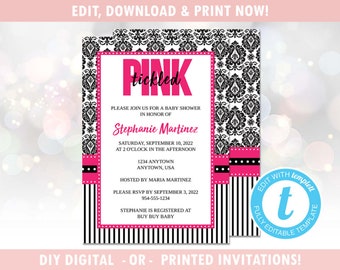 Tickled Pink Invitation (Digital - DIY) Instant Download, Editable Template, Baby Shower, Pink, Black, Damask, Templett [id:15806313]