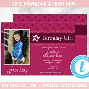 Star Birthday Girl Birthday Party Invitation with Photo (Digital - DIY) Instant Download, Editable Template, Templett [id:123664]