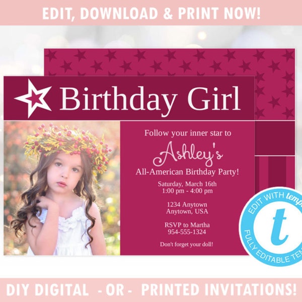 Star Birthday Girl Birthday Party Invitation with Photo (Digital - DIY) Instant Download, Editable Template, Templett [id:5591937]