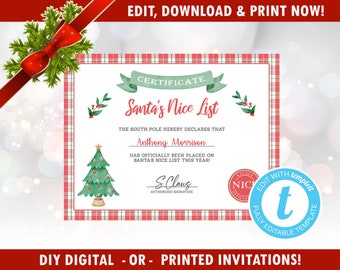 DIY Editable Santa Nice List Certificate - Easy - Santa Letter - North Pole Letter, Certificate, Editable Template, Templett [id:17321422]