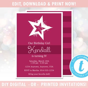 Star Birthday Girl Birthday Party Invitation (Digital - DIY) Instant Download, Editable Template, Templett [id:123664]