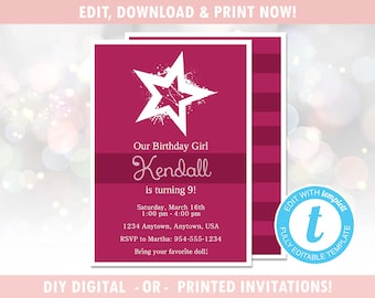 Star Birthday Girl Birthday Party Invitation (Digital - DIY) Instant Download, Editable Template, Templett [id:123664]