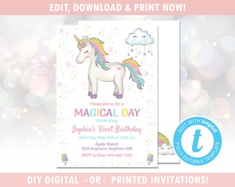 Unicorn Birthday Party Invitation (Digital - DIY) Instant Download, Editable Template, Templett [id:20167624]