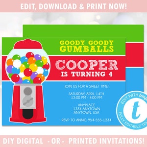 Candy Gumball Machine Birthday Party Invitation (Digital - DIY) Instant Download, Editable Template, Templett [id:323470]