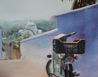 Original Watercolor Painting of Moped in Santorini, Greece Landscape