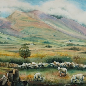 Ring of Kerry, Ireland, Watercolor Painting, Sheep, Landscape