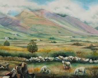 Ring of Kerry, Ireland, Watercolor Painting, Sheep, Landscape