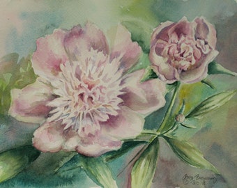 Blossoming Pink Peonies Small Original Watercolor Painting