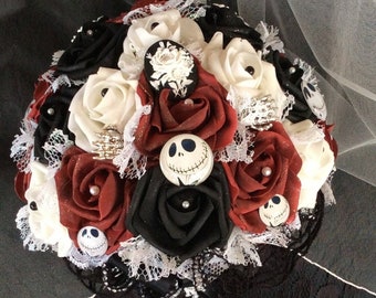 Jack Skellington -Fantasy Wedding Bridal Bouquet- Dark Wedding Flowers-Red/White/Black Bouquet Bridal Flowers- Gothic Jack Wedding Bouquet