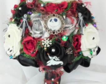 Jack Skellington Wedding Bridal Bouquet-Nightmare Christmas Bouquet-Bridal Flowers-Jack-Zero-Dark Bride Bouquet-Silk Flowers-Nightmare Decor