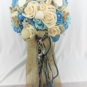 Beach Bride Wedding Bouquet-Beach Bridal Bouquet-Seashells- Flowers-Beach Jewelry Bouquet-Rustic-Boho Bride Bouquet-Ivory-Blue Ocean Bouquet