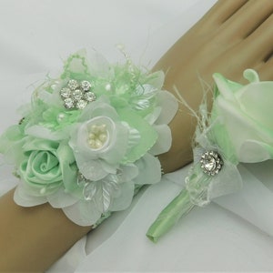 Mint-White-Ivory Prom Corsage Set-Mint Prom Flowers-Silk Flower Corsage-Elegant Mint Prom Corsage Set-Mint Formal Flower-Jewelry Corsage Set