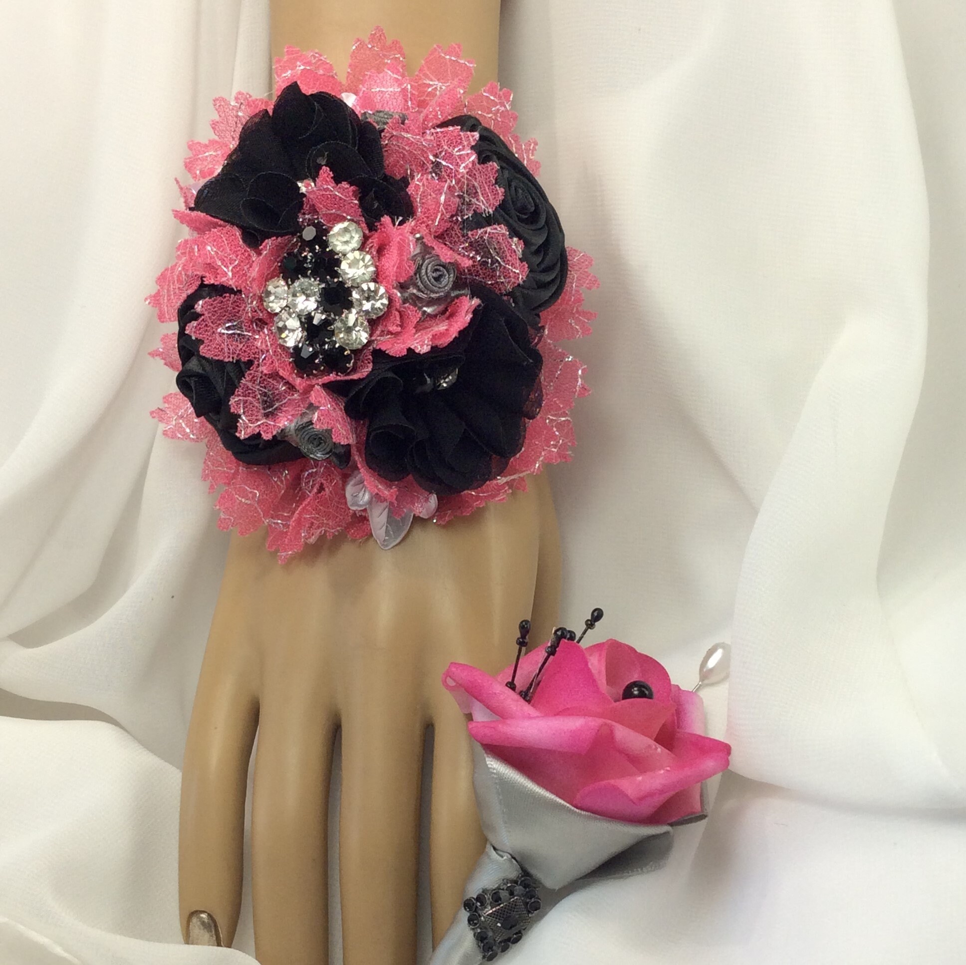 Black And Hot Pink Corsage And Boutonniere Set Bright Pink Etsy