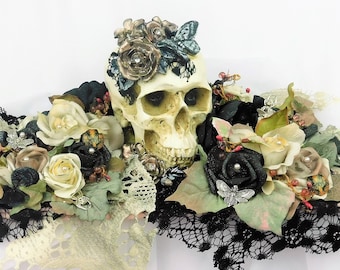 Skulls and Flowers Table Centerpiece-Gothic Table Flowers-Dark Fantasy--Skull Wedding Table Centerpiece-Gothic Decor for Table-Home Decor
