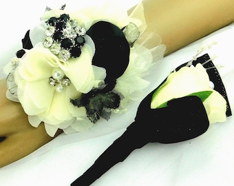 Black-Ivory Prom Corsage Set-Silk Flower Corsage Set-Wedding Set-Bride-Bridal-Bridesmaid-Black-Cream Corsage & Boutonniere Set