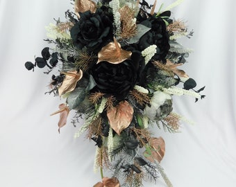 Dark Flower Bouquet-Bridal Cascade Wedding Bouquet Flowers--Black-Rose Gold Bouquet Gothic Bride Flowers -Wedding Bridal Bouquet-Custom made