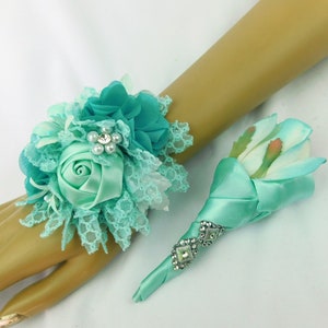 Peacock-Prom Corsage-Spa-Aqua Prom Wrist Corsage-Elegant Corsage-Special Occasion-Aqua Wedding Bridal-Bride-Bridesmaids Formal-Set Available