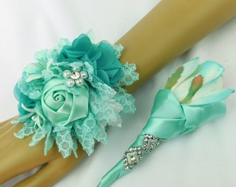 Aqua Prom Corsage Set-Aqua Prom Wrist Corsage-Elegant Corsage-Special Occasion-Aqua Wedding Bridal-Bride-Bridesmaids Formal