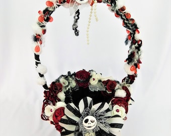 Jack Skellington Wedding Idea Girls Basket Gift Proposal Keepsake Wedding Basket Decorated Red-White-Black Flowers Wedding Accessories Girl