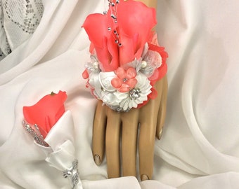 Neon Coral Corsage Set-Coral Prom Set-Prom Flowers-Keepsake Wedding Bridal Set-Brides Flowers-Bridesmaids-Corsage Set-Fabric Corsage