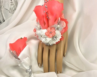 Neon Coral Corsage Set-Firecracker Coral Prom Corsage-Prom Flowers-Keepsake Wedding Bridal-Coral Flowers-Bridesmaids-Corsage Set
