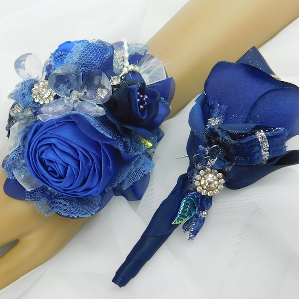 Royal Blue and Navy Blue Corsage Set-Elegant Corsage Prom Flowers-Blue Wrist Corsage Set-Silk Flower Corsage-Jewelry Corsage-Formal Occasion