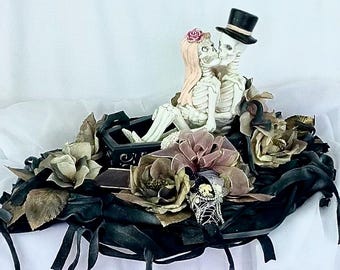 Skeleton Wedding Bride-Groom Cake Decor-Ivory-Rose-Blush-Cake Topper-Eternal Love-Skeleton Wedding Couple-Halloween Wedding Decor-Goth Decor