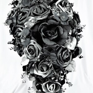 Gothic Wedding Bridal Cascade Bride Bouquet Flowers-Black/Silver/Gray Cascading Bouquet-Dark Wedding Bridal Bouquet-Fantasy Wedding Bride image 1