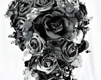 Gothic Wedding Bridal Cascade Bride Bouquet Flowers-Black/Silver/Gray Cascading Bouquet-Dark Wedding Bridal Bouquet-Fantasy Wedding Bride