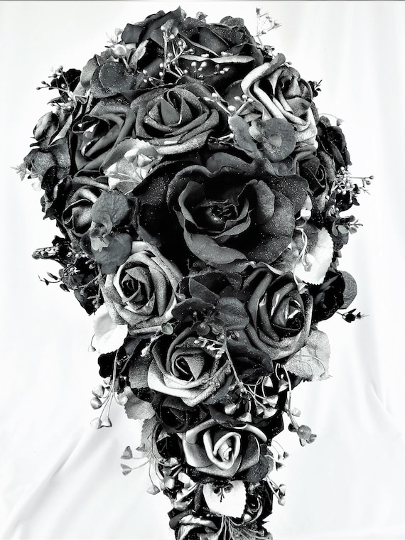 Gothic Wedding Bridal Cascade Bride Bouquet Flowers-Black/Silver/Gray Cascading Bouquet-Dark Wedding Bridal Bouquet-Fantasy Wedding Bride