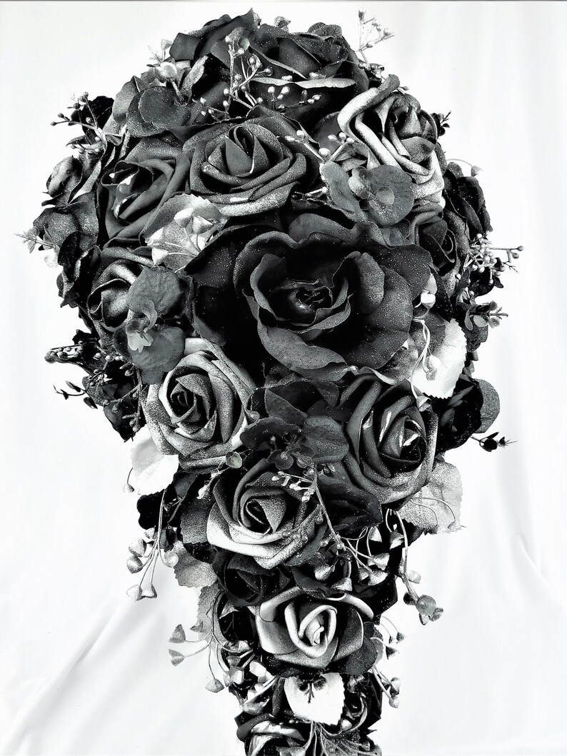 Gothic Wedding Bridal Cascade Bride Bouquet Flowers-Black/Silver/Gray Cascading Bouquet-Dark Wedding Bridal Bouquet-Fantasy Wedding Bride image 1